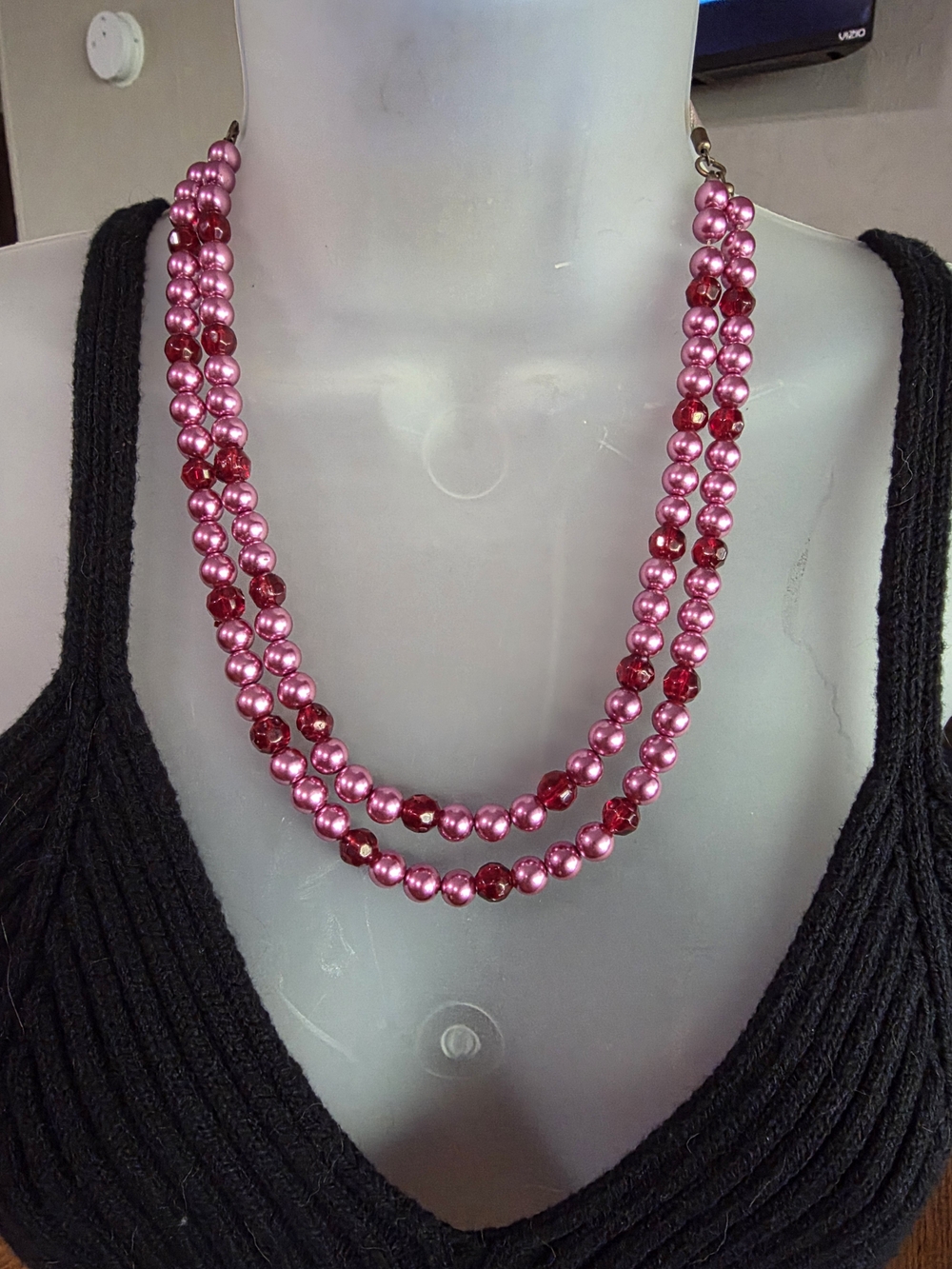 Pink Simulated Pearl Double-Strand Red Accent Beaded Necklace